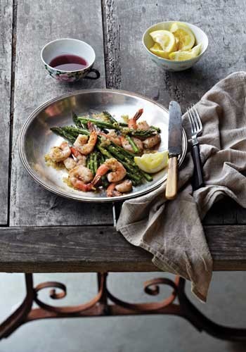 Grilled shrimp and asparagus with lemon-shallot vinaigrette