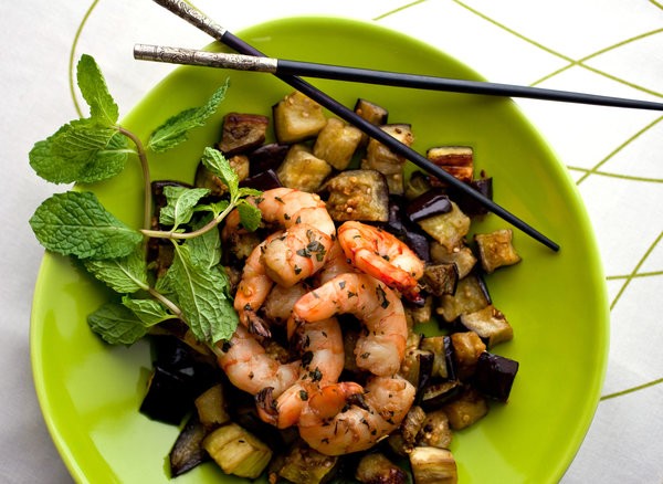 Grilled shrimp and eggplant with Asian fish sauce and mint