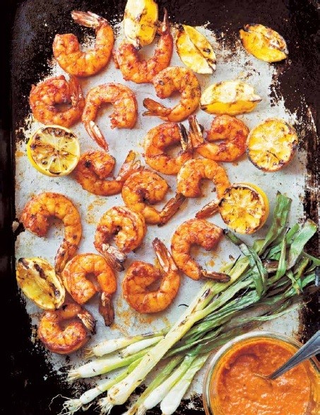 Grilled shrimp and green onions with romesco