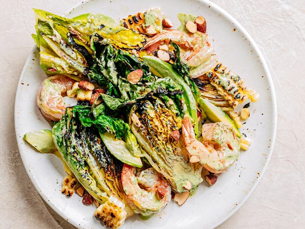 Grilled shrimp and lettuces with charred green goddess dressing
