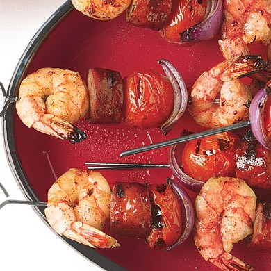Grilled shrimp and sausage skewers with smoky paprika glaze