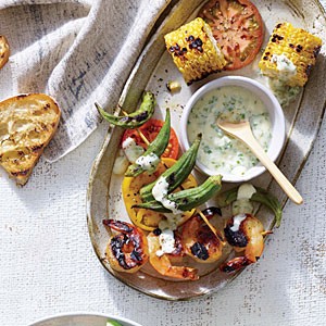 Grilled shrimp and summer vegetables with buttermilk dressing