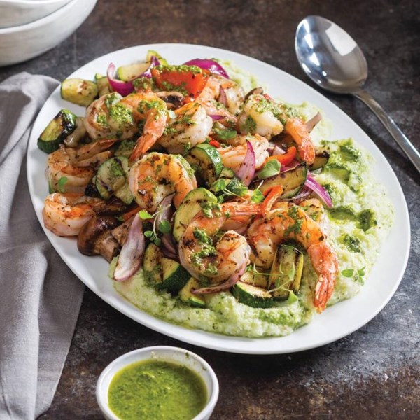 Grilled shrimp and summer vegetables with basil grits