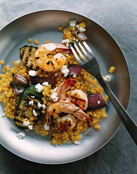 Grilled shrimp and vegetables with pearl couscous