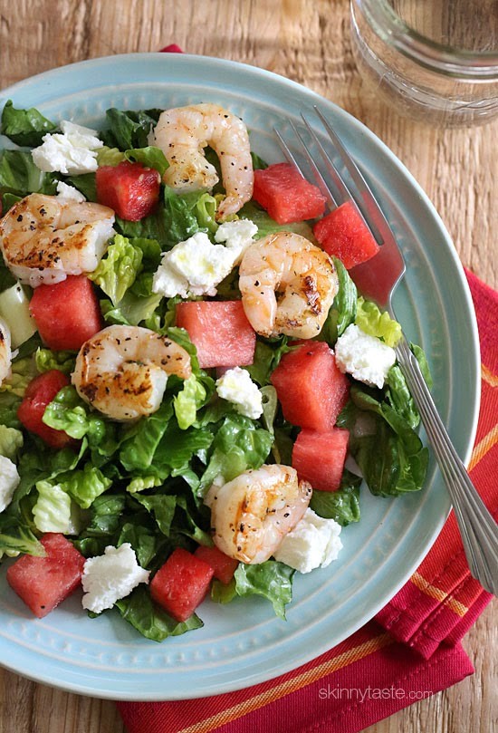 Grilled shrimp and watermelon chopped salad