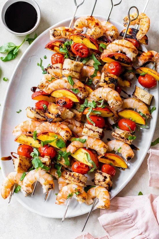 Grilled shrimp panzanella skewers