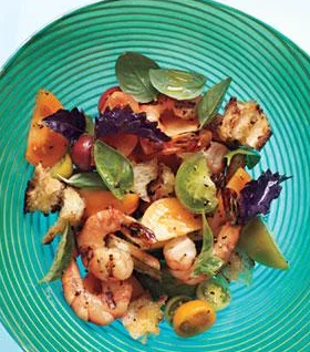 Grilled shrimp panzanella with basil