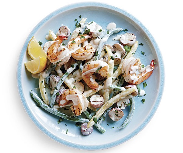 Grilled shrimp salad with anchovy-yogurt dressing