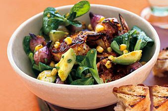 Grilled shrimp salad with corn and avocado