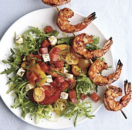 Grilled shrimp salad with feta, tomato, and watermelon