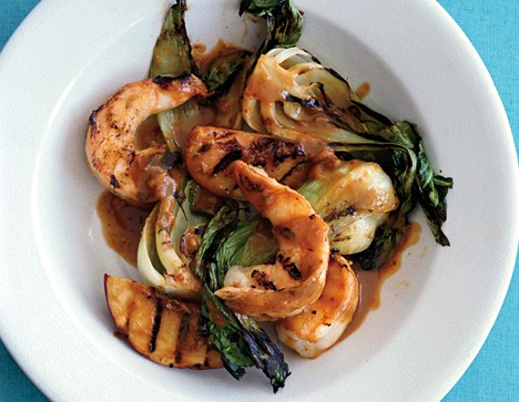 Grilled shrimp satay with peaches and bok choy