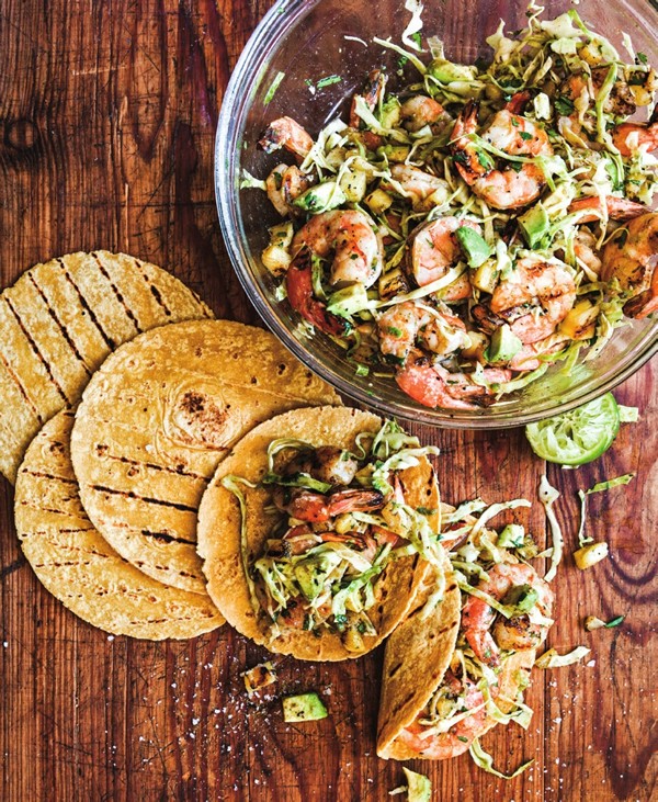 Grilled shrimp tacos with avocado and grilled pineapple