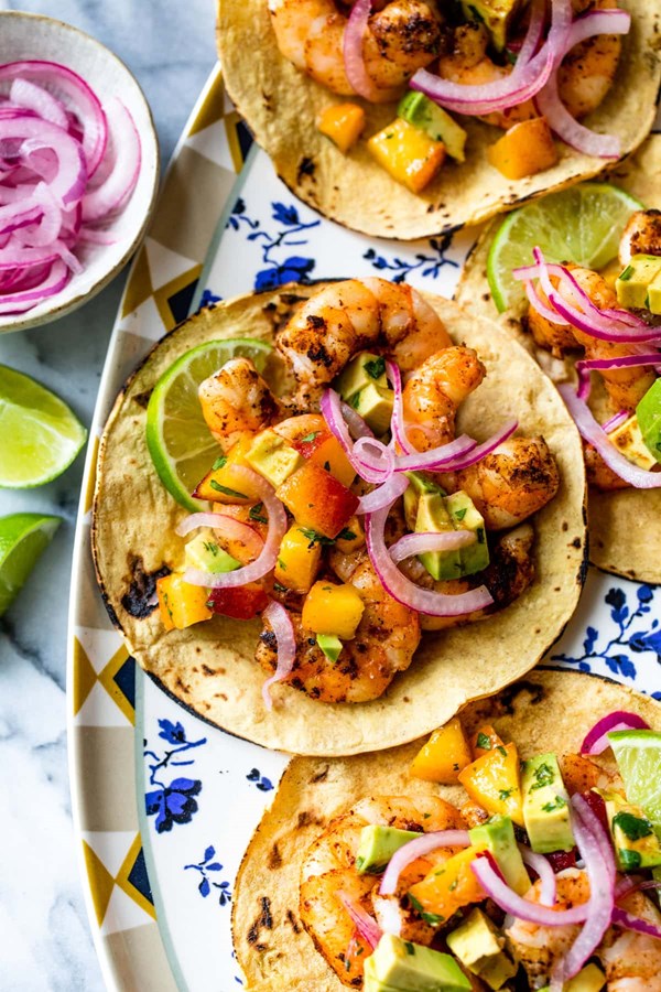 Grilled shrimp tacos with peach salsa