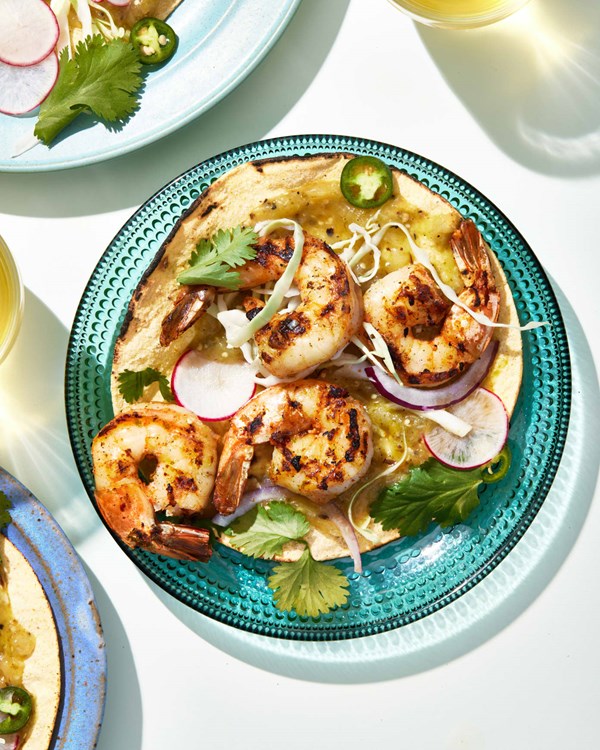 Grilled shrimp tacos with tomatillo salsa