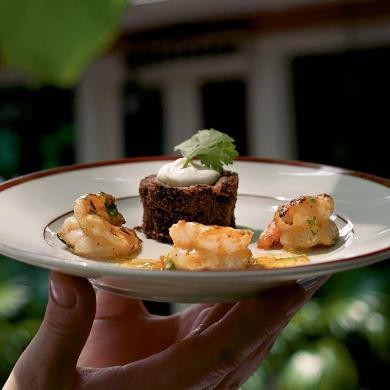 Grilled shrimp with black bean cakes and coriander sauce