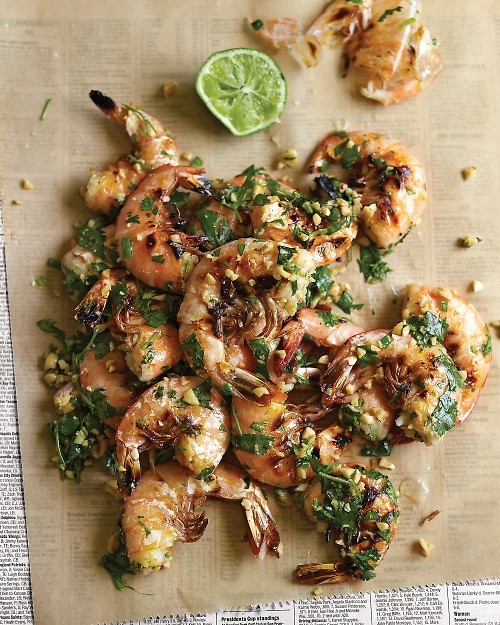 Grilled shrimp with cilantro, lime, and peanuts