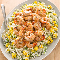 Grilled shrimp with coconut rice salad