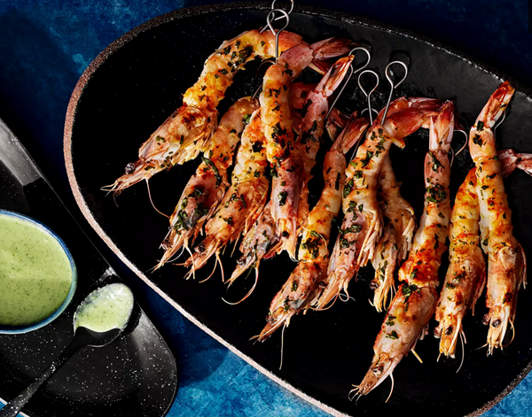 Grilled shrimp with green chile-condensed milk sauce