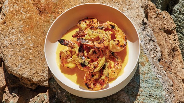 Grilled shrimp with turmeric mojo sauce