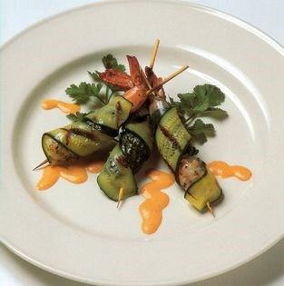 Grilled shrimp wrapped in zucchini with a red pepper aioli