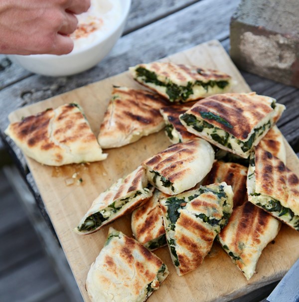 Grilled silverbeet & feta flatbread