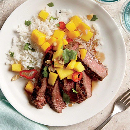 Grilled sirloin steak with mango and chile salad