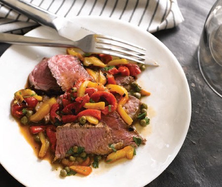 Grilled sirloin steaks with pepper and caper salsa