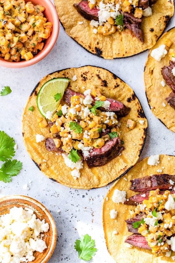 Grilled skirt steak and elote tacos