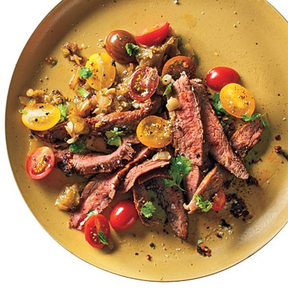 Grilled skirt steak and roasted tomatillo sauce