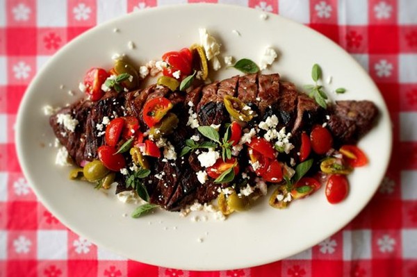 Grilled skirt steak with Greek salsa