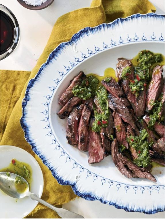Grilled skirt steak with mustard-green chimichurri