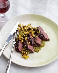 Grilled skirt steak with poblano-corn sauce and salsa