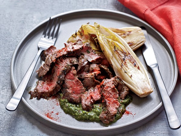 Grilled skirt steak with salsa verde