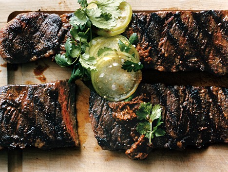 Grilled skirt steaks with tomatillos two ways