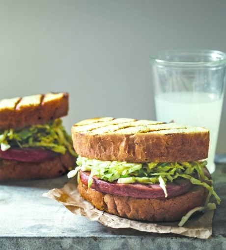 Grilled smoked bologna with yellow mustard slaw