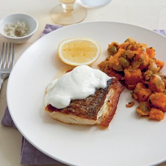 Grilled snapper fillet with spiced sweet potato salad and yoghurt