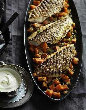 Grilled snapper fillets with spiced sweet potato salad and yoghurt