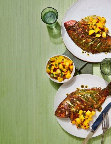 Grilled snapper with mango chow