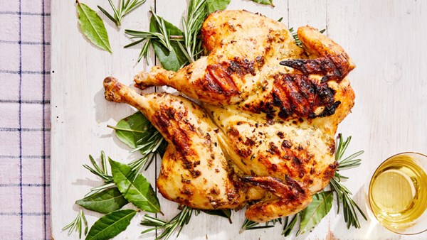 Grilled spatchcock chicken with Dijon and rosemary