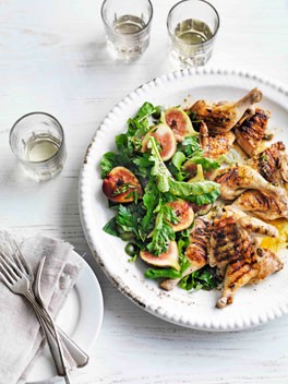 Grilled spatchcock with lardo, fig and Sicilian olive salad