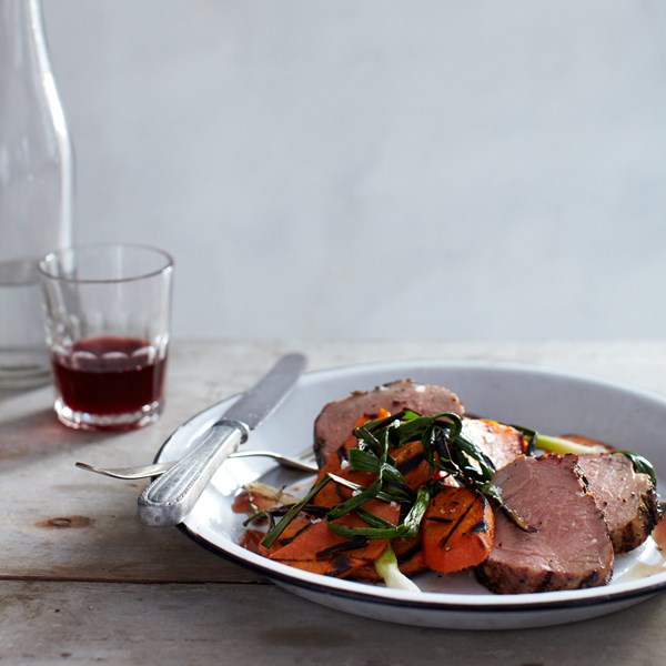 Grilled spice-rubbed pork tenderloin with sweet potatoes and scallions
