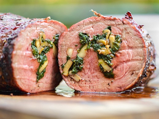 Grilled spinach and mushroom-stuffed beef tenderloin