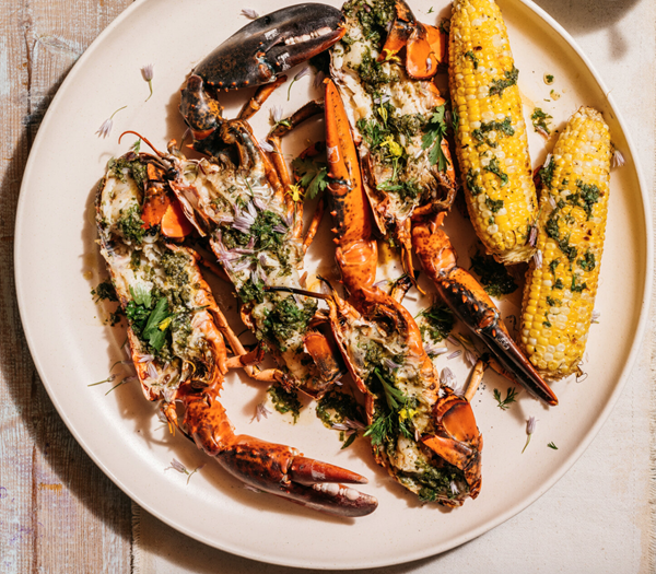Grilled split lobster and corn