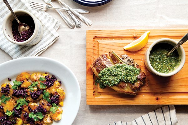 Grilled spring lamb and salsa verde with smashed potatoes and Alfonso olive tapenade