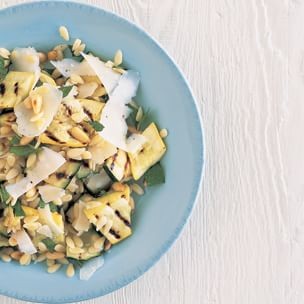 Grilled squash and orzo salad with pine nuts and mint