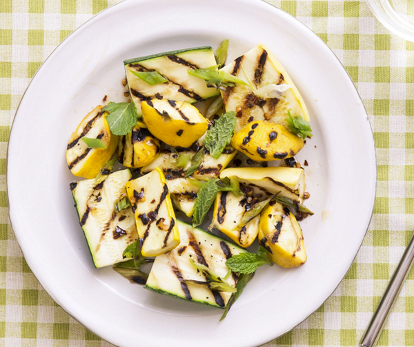 Grilled squash and scallions with chile-honey vinaigrette