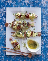 Grilled squash ribbons and prosciutto with mint dressing