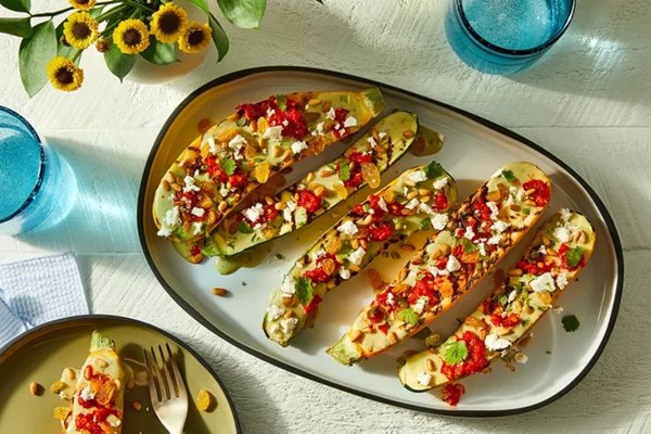Grilled squash with avocado green goddess dressing
