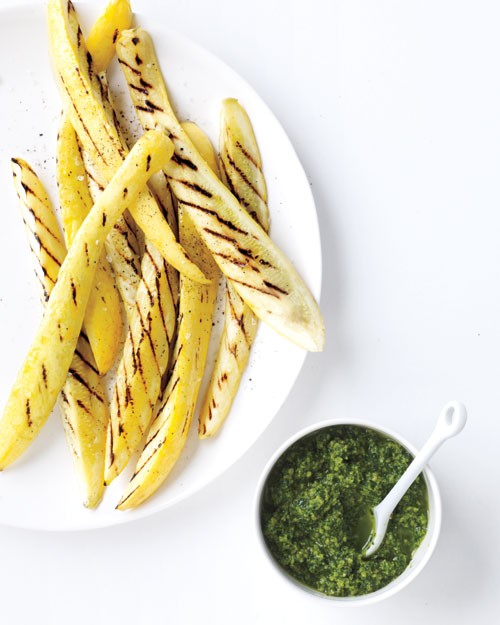 Grilled squash with walnut-parsley pesto