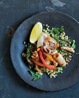 Grilled squid and peppers, freekeh, chillied aubergine and sesame peanut brittle 